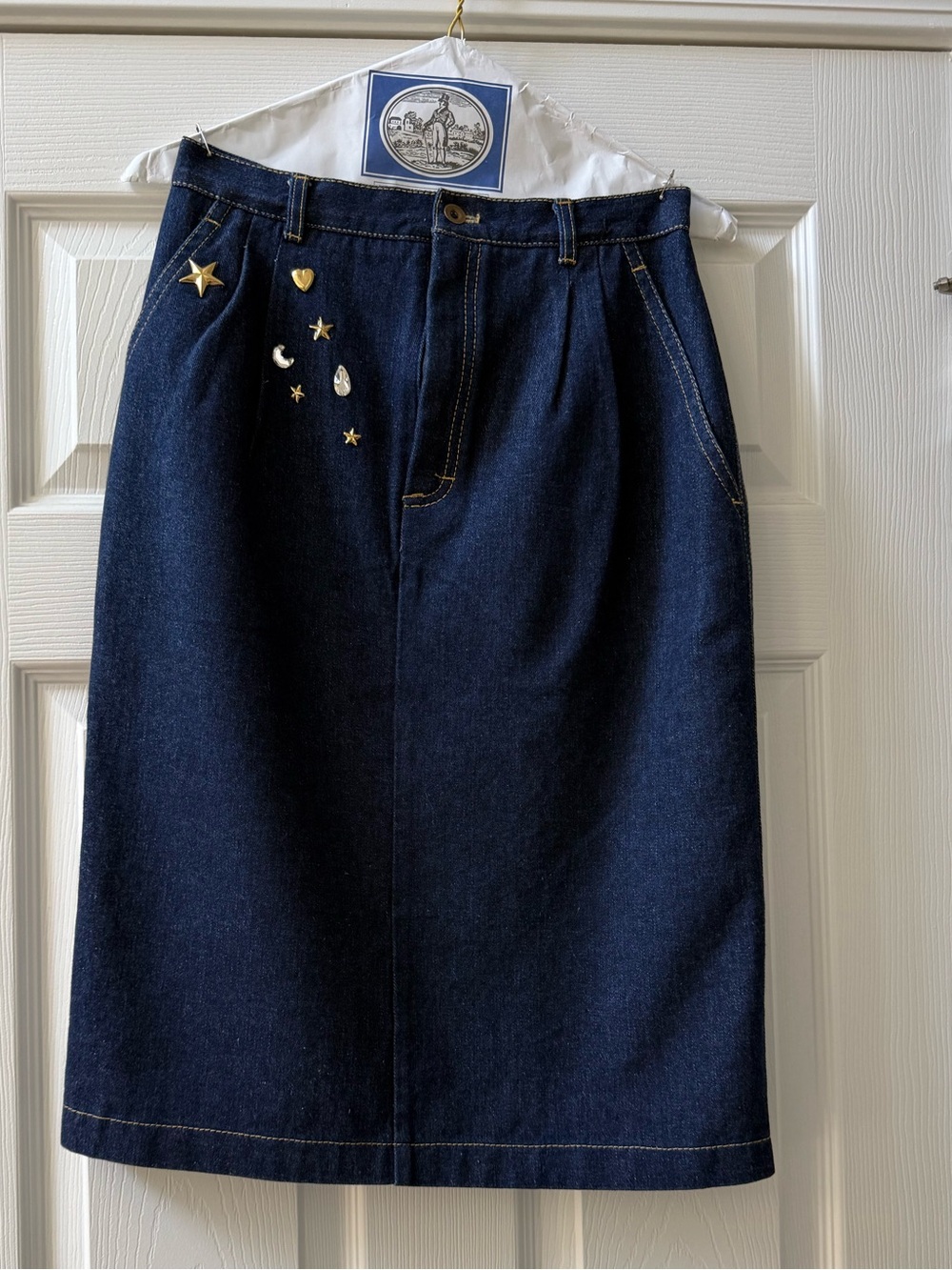 Gene Ewing Bis Dark Blue Denim Pencil Skirt with Gold Star & Moon Accents